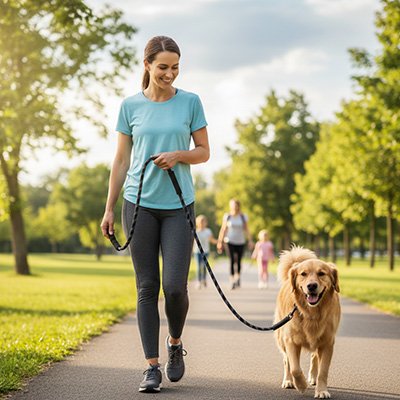 femme promene golden retriever avec longe pour chien parc