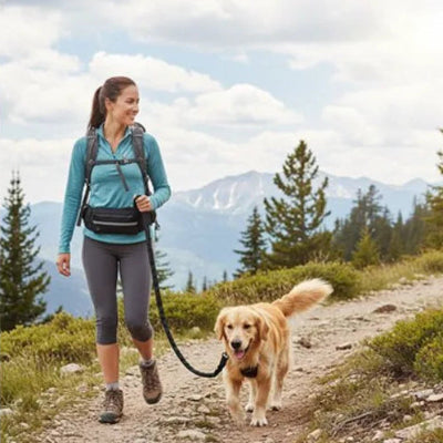 femme randonneuse souriante marche avec chien laisse canicross