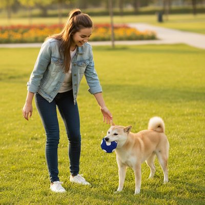  femme shiba inu jouent avec balle chien souple