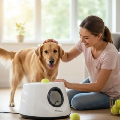 femme utilisant lanceur de balle pour chien maison