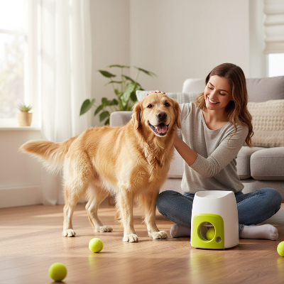 femme utilisant lanceur de balle pour chien maison