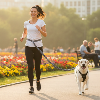 fille avec chien laisse canicross grise  absorbe les chocs 