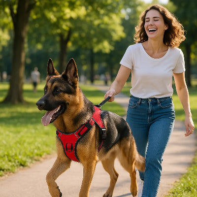 fille berger allemand vetu harnais pour chien rouge promenent