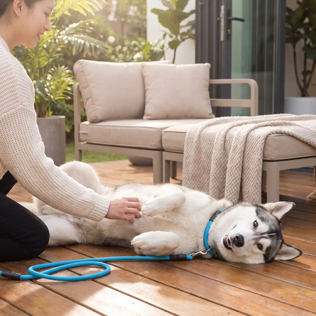 fille caresse husky terrasse collier chien coulissant bleu