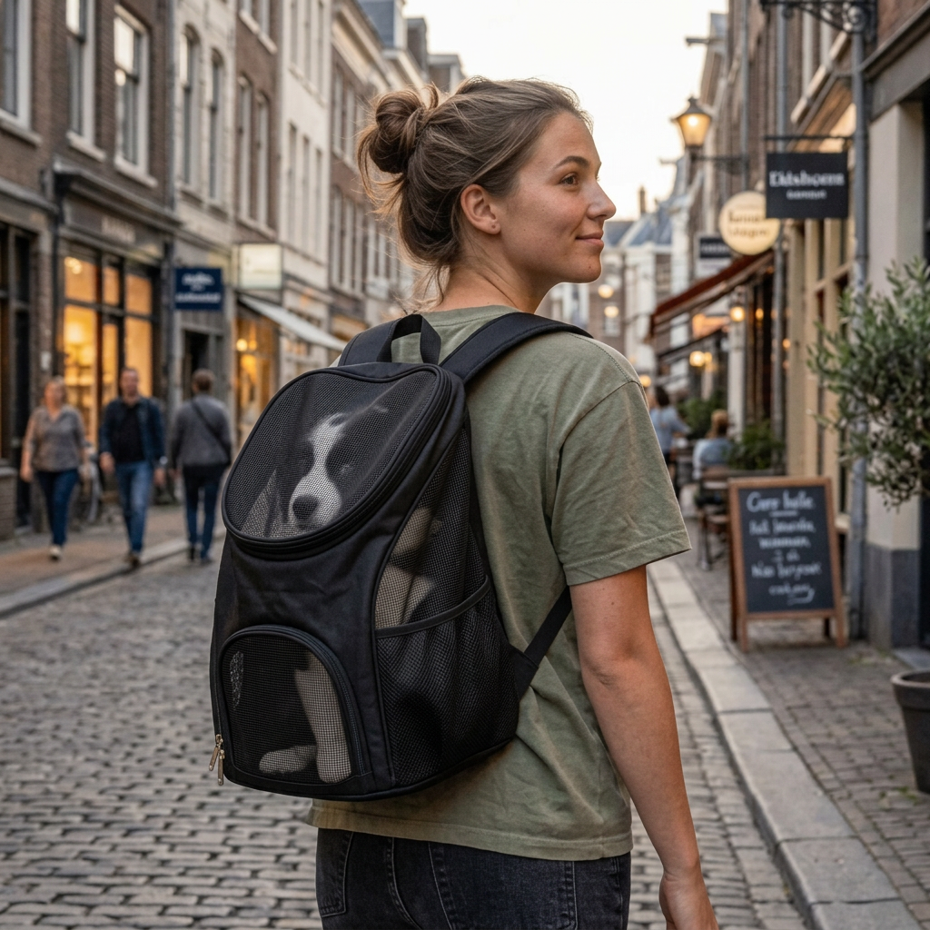 fille porte sac à dos chien noir promène rue pavée