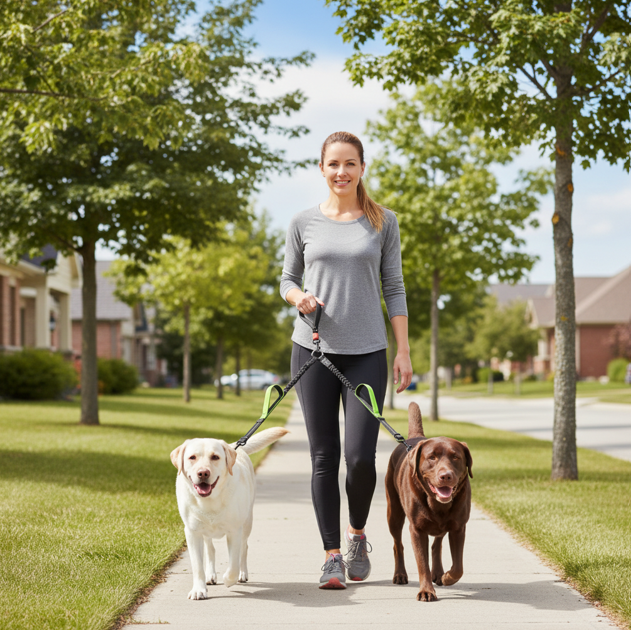 fille promène deux labrador blanc brun portant double laisse pour chien verte