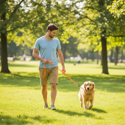 golden avec laisse pour chien orange marche avec maitre
