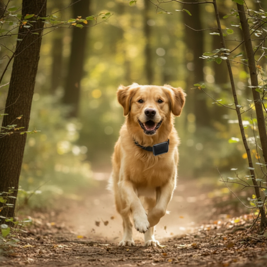 golden court dans sentier portant collier gps chien