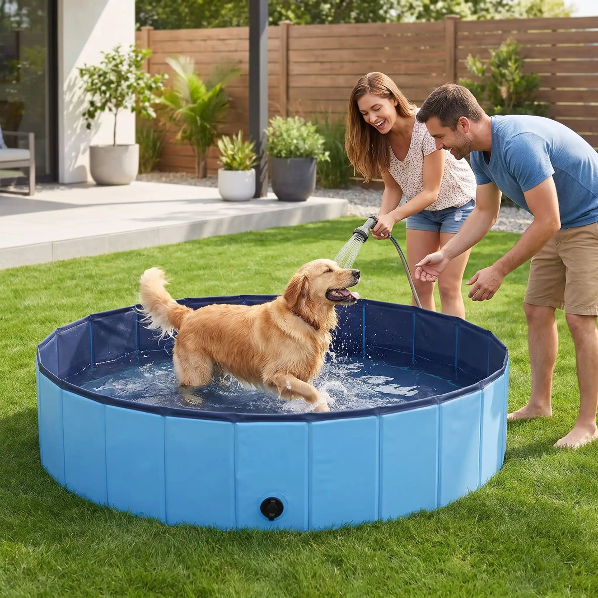 golden dans une piscine pour chien avec couple dans leur jardin