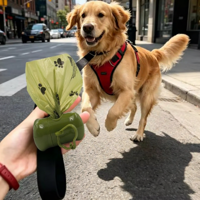 golden en ville avec distributeur de sacs a crotte pour chien
