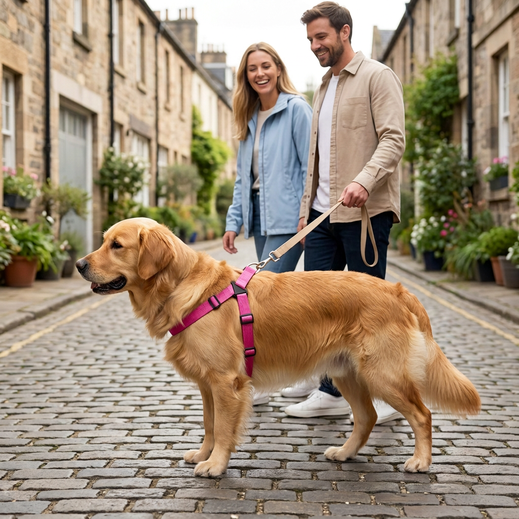 golden portant harnais en Y pour chien dans allée pavée avec couple
