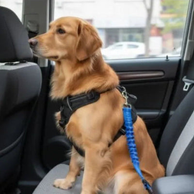 golden retriever attache ceinture de securite pour chien bleue