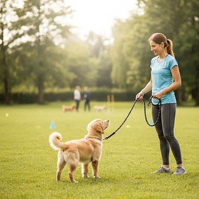 golden retriever attentif avec Longe pour chien noire 