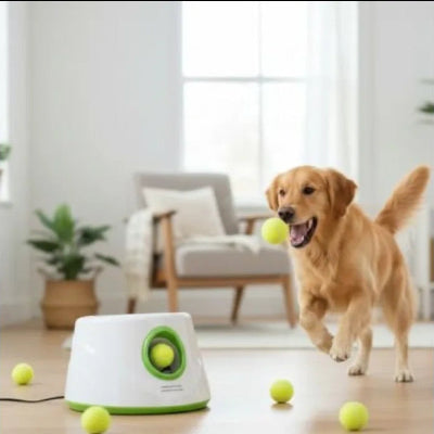 golden retriever jouant lanceur de balle pour chien automatique