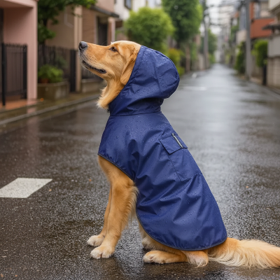 golden retriever milieu rue avec manteau chien bleu