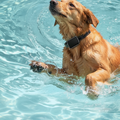 golden retriever nage avec collier gps chien cou