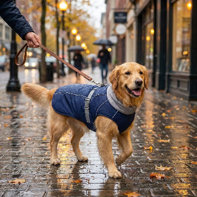 golden retriever portant manteau pour chien impermeable ville