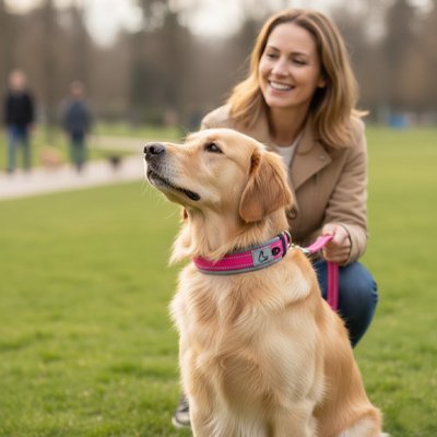 golden retriever portant un collier pour chien rose 