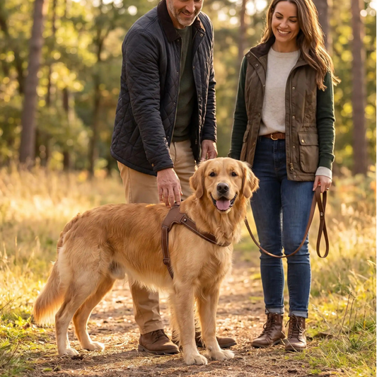 golden retriever porte harnais en Y chien marron avec deux personnes forêt