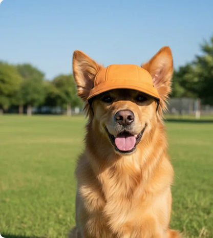 golden retriever vetu casquette orange au parc