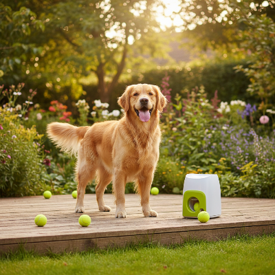 golden sur terrasse avec lanceur de balle pour chien automatique