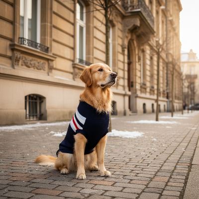 golden vetu pull pour chien bleu raye assis immeuble