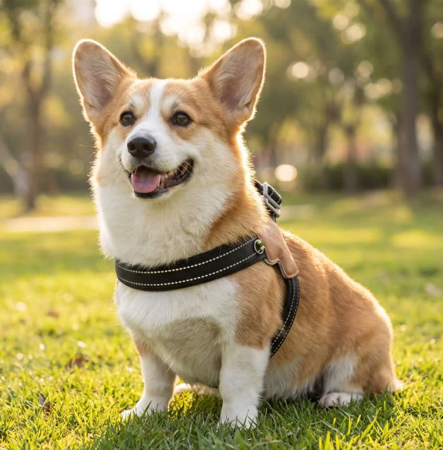 harnais en y chien noir corgi souriant jour ensoleillé
