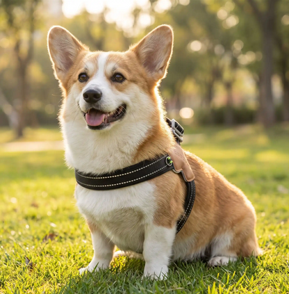 harnais en y chien noir corgi souriant jour ensoleillé