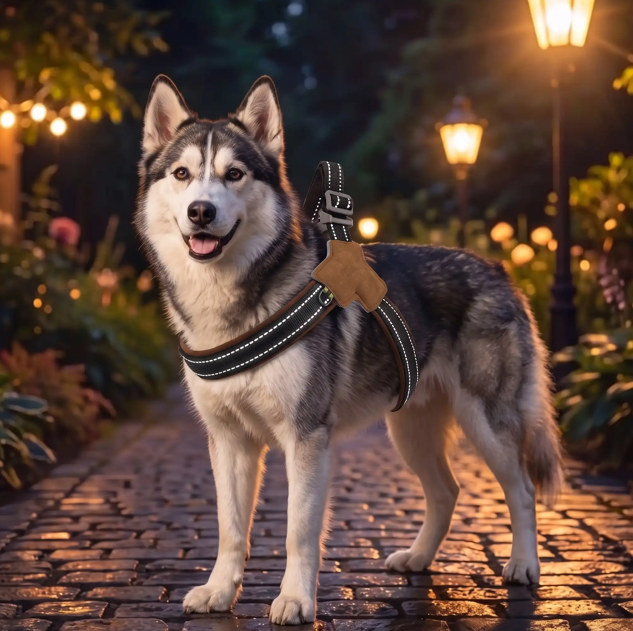 harnais en Y chien réfléchissant husky  chemin pavé