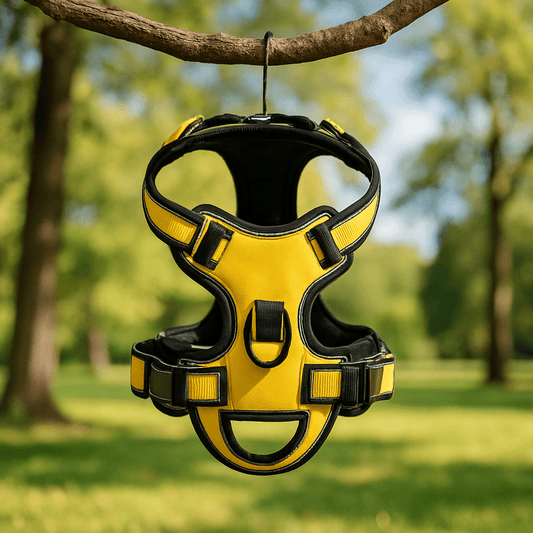 harnais pour chien jaune suspendu sur branche arbre