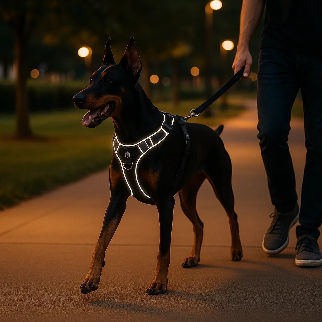  harnais pour chien reflechissant sur trottoir doberman promene