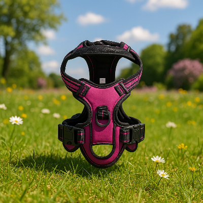 harnais pour chien rose securite renforcee gazon