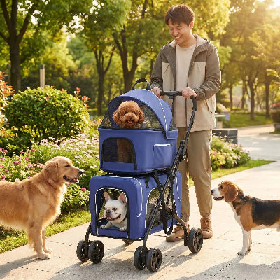 homme au parc avec poussette a chien bleue