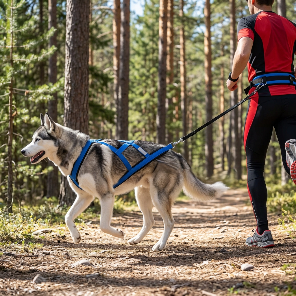 homme court avec husky harnais de traction chien forêt 