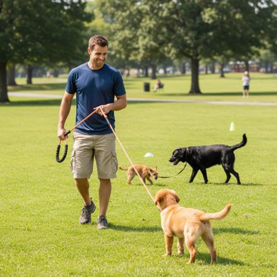 homme entraine petit labrador avec longe pour chien