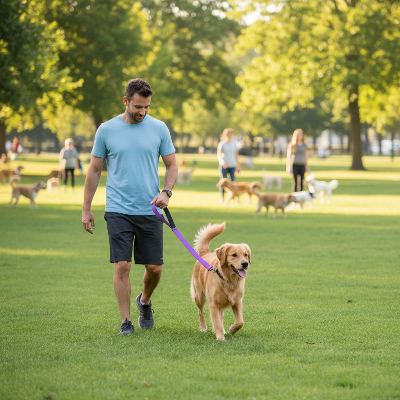 Homme et chien laisse courte violette parc canin