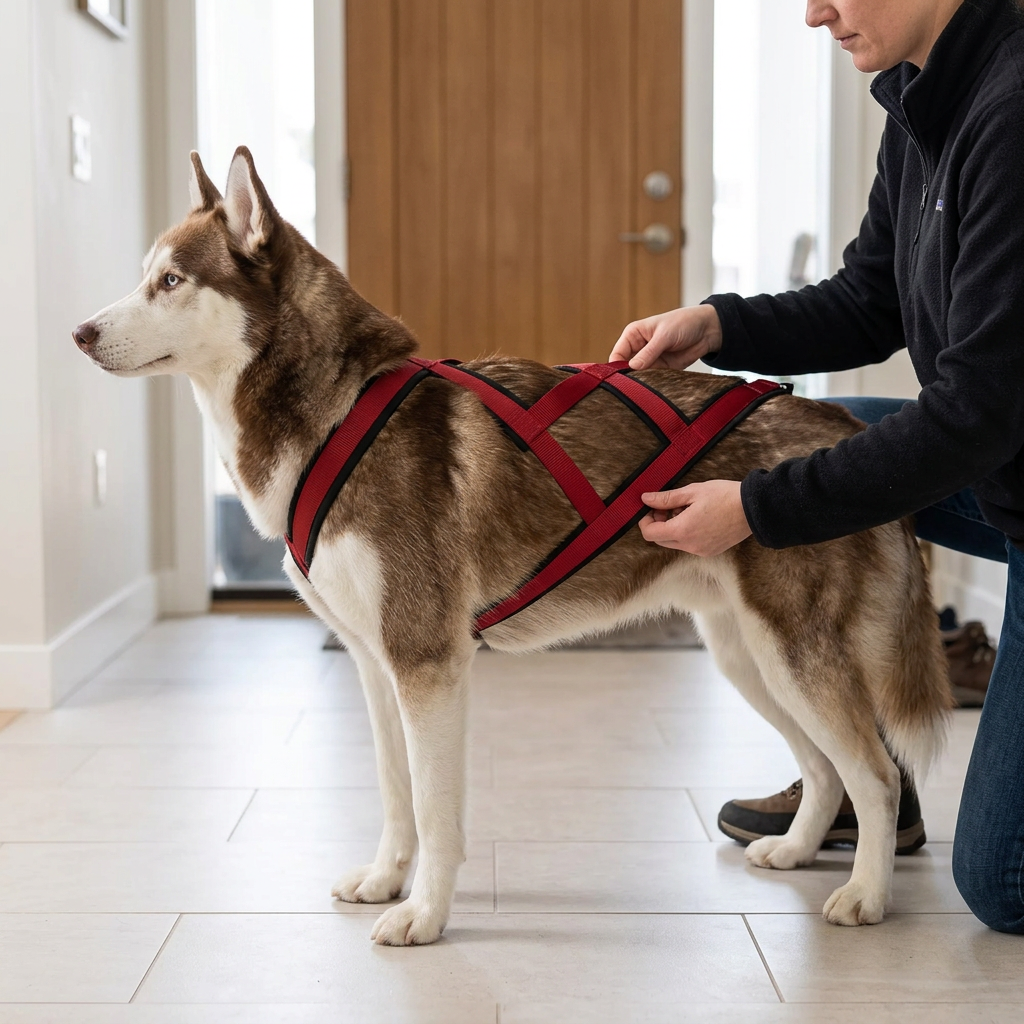 homme fixe harnais de traction chien son husky avant promenade