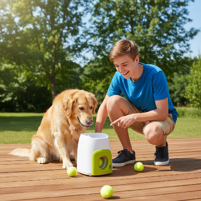 homme joue lanceur de balle pour chien avec golden attentif