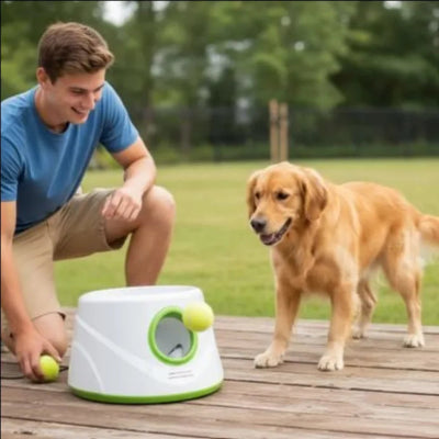 homme joue lanceur de balle pour chien avec golden retriever