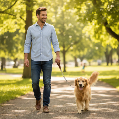homme promene chien une laisse de chien marron chaine metallique