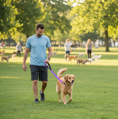 homme promène golden laisse chien courte réfléchissante parc canin