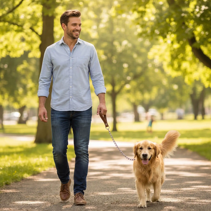 homme promène golden laisse de chien en chaîne métallique parc