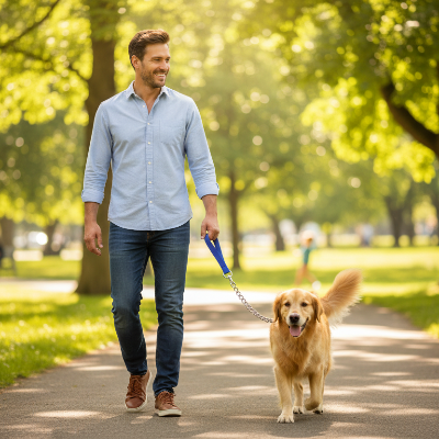 homme promene son chien avec une laisse de chien bleue chaine metallique