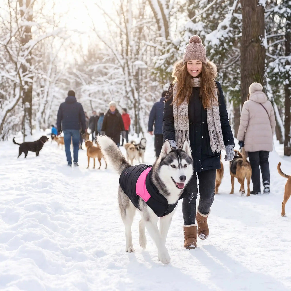 husky accompagné en manteau chien hiver rose