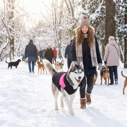husky accompagné en manteau chien hiver rose