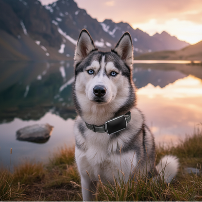  husky assis côté lac équipé collier gps chien