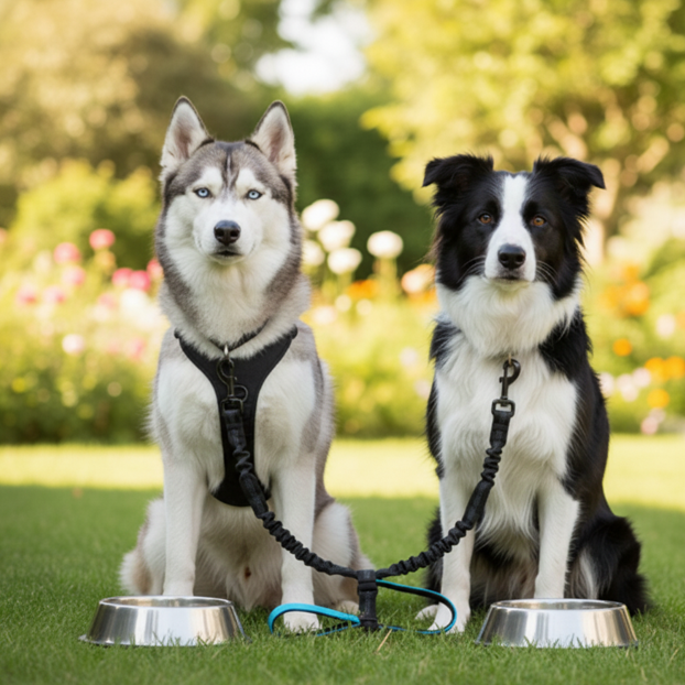 husky border collie double laisse pour chien préparent pour manger