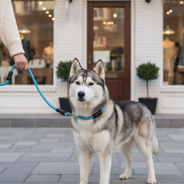  husky devant boutique  collier  chien coulissant bleu