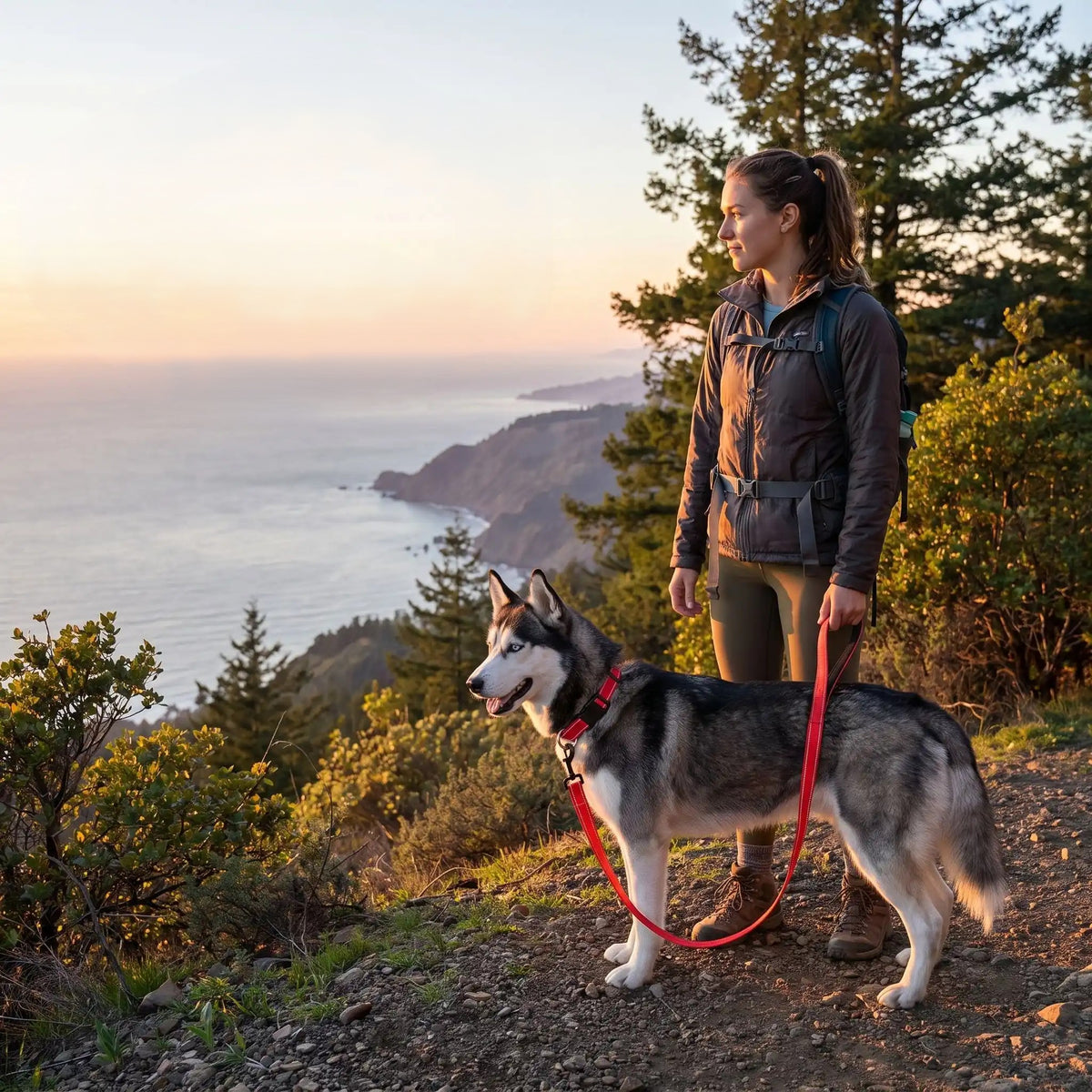 husky equipé collier pour chien rouge avec fille sur montagne donne sur littoral
