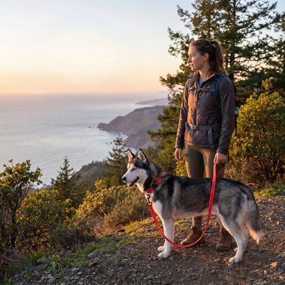 husky equipé collier pour chien rouge avec fille sur montagne donne sur littoral